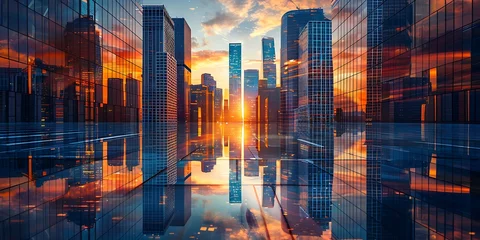Foto op Plexiglas Captivating skyline of a modern metropolis at dusk, showcasing sleek skyscrapers in a futuristic financial hub with dynamic architectural design and reflective surfaces © AhmadTriwahyuutomo