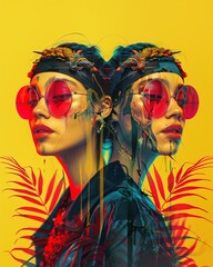 Beautiful women captured in Bohemian style, with cyberpunk accents on a light yellow background, highlighting cultural synthesis, 