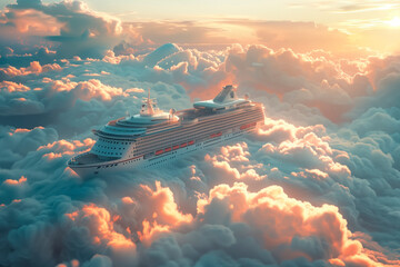 ahead in sky Cruise ship flies in clouds fog sunset sunrise - obrazy, fototapety, plakaty