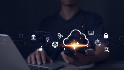 Man using smartphone with cloud diagram displayed in hand cloud technology Data storage Concept of...