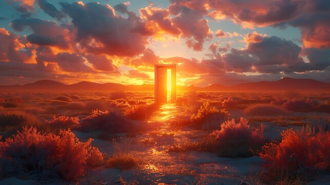 Fantasy magical open door in the meadow at sunset to mystical concept Background AI Generated
