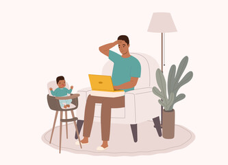 Stressful Black Father Working On Laptop. Baby Boy Siting On A Baby Chair Crying. Full Length.