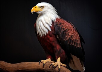 Obraz premium A powerful portrait of a bald eagle, showcasing its fierce gaze with a backdrop of richly colored plumage in a gradient of reds