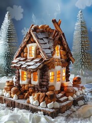 Charming cottage crafted from smores, marshmallow windows, chocolate bricks, on a soft blue skylike background, fairytale ambiance