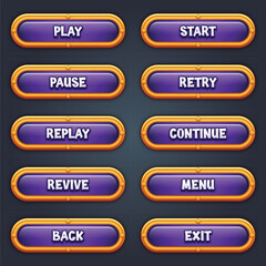 Set of purple game buttons for mobile games with editable text effect gui to build 2d games