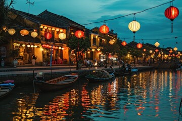 Lantern, The glowing lantern-filled skyline of  Vietnam at dusk, AI generated