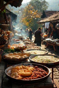 An urban Kenyan street food setting, featuring stalls serving steaming ugali, freshly grilled nyama choma, and sukuma wiki,