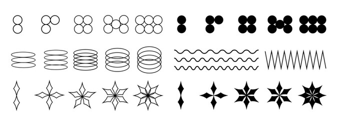 Set of retro graphic shapes, lines, geometric forms, dots, tribal stickers, y2k symbols, vector black badges.