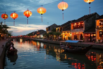 Lantern, The glowing lantern-filled skyline of  Vietnam at dusk, AI generated