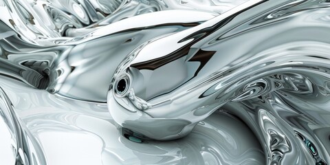 3D composition fluid metallic textures and reflections, against a pristine white background.