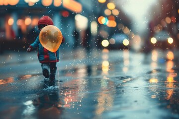 A small child braves the rain while clutching a brightly colored balloon. - obrazy, fototapety, plakaty