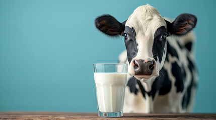 Cow and glass of milk on blue background - obrazy, fototapety, plakaty