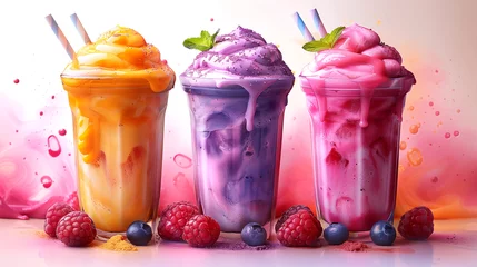 Foto op Plexiglas Three colorful milkshakes with blueberry, raspberry, mint © larisabozhikova