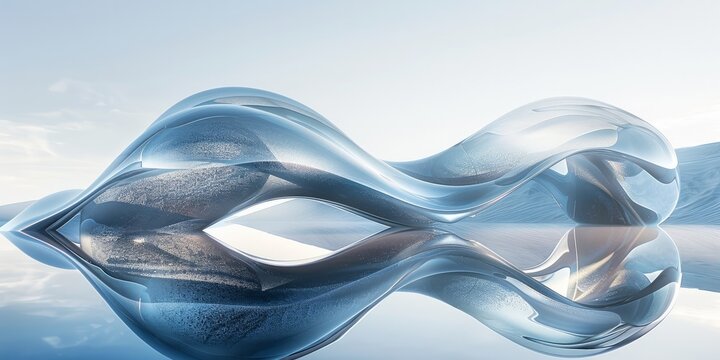 3D composition fluid metallic textures and reflections, against a pristine white background.