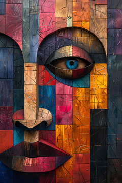 A colorful painting of a face with a blue eye