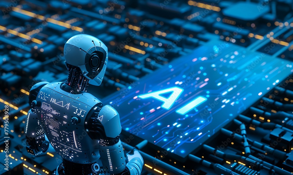 Fototapete The robot runs an artificial intelligence processor on a computer board