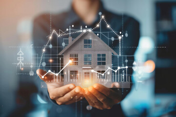 Real estate investment concept. Person holding house and up arrow icon on virtual screen for analyzing mortgage loan home and insurance real property mortgage. interest rate, Investment planning. --ar - obrazy, fototapety, plakaty