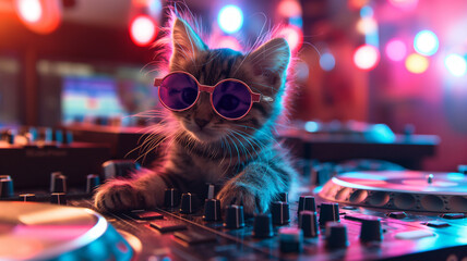 A cat wearing sunglasses is sitting on a DJ console - obrazy, fototapety, plakaty