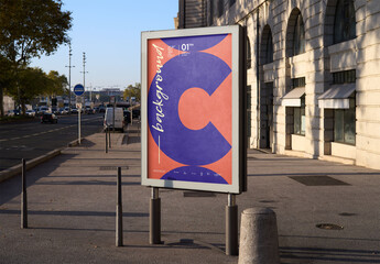 Mockup of customizable sign in city, vertical - obrazy, fototapety, plakaty