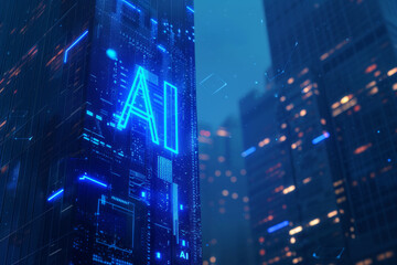 Fototapeta na wymiar Concept of how AI can transform a business, AI text on office building