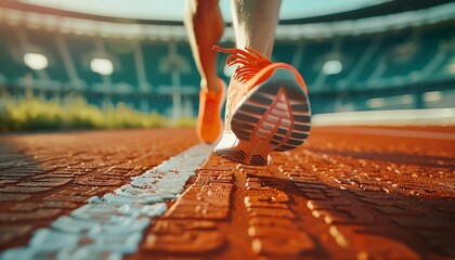 Athlete Trains in Speed Race with Focus on Running Shoes, Motion Blur Captured, Sunny Stadium