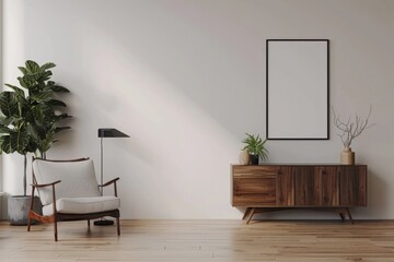 Mid Century Modern Room with White Wall and Minimalistic Furniture - 3D Render Illustration Mockup
