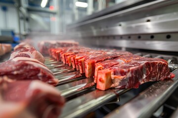 Modern Meat Production Technology and Equipment for Fresh and Raw Veal Products - Industrial Butcher Industry - obrazy, fototapety, plakaty