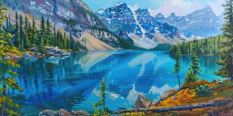 Lake Panorama in Banff National Park. Colorful Landscape of Rocky Mountains and Forest - obrazy, fototapety, plakaty
