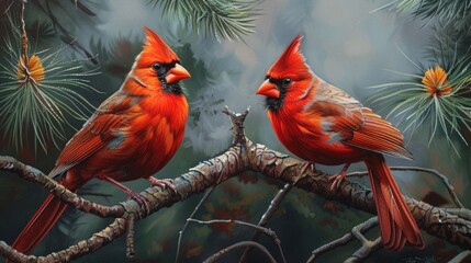 Northern Cardinals Perching on a Tree Branch - Beautiful Songbirds in their Wild Habitat - obrazy, fototapety, plakaty