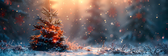 Snow Covered Christmas Tree in Winter Forest,
Christmas winter blurred background - obrazy, fototapety, plakaty