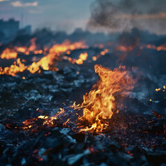 A fire is burning in a field of trash