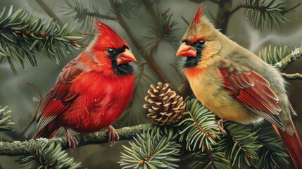 Pair of Northern Cardinals Perched on a Tree - Beautiful Wildlife Songbirds in Nature