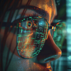 A woman is wearing glasses with a green screen on them