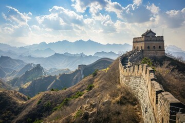 Fototapeta na wymiar Great Wall of China, The Great Wall of China snaking through mountains under a blue sky, AI generated