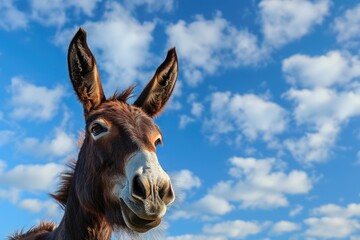 Naklejka premium Portrait of a Majestic Mule Against a Clear Blue Sky - A Stunning Animal in Nature's Beauty