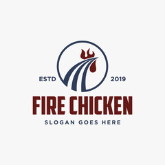 Abstract rooster and fire, hot fried chicken logo vector icon template on white background