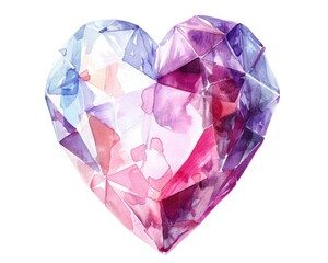 Romantic Watercolor Crystal Heart. Abstract Illustration of Isolated Polygon Crystal Heart for Magic Decoration and Art Design