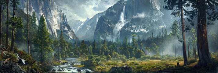 Scenic Valley Landscape with Forest and Waterfall in National Park - obrazy, fototapety, plakaty