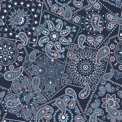 Blue bandana kerchief paisley fabric patchwork abstract vector seamless pattern for scarf kerchief shirt fabric carpet rug tablecloth pillow - 779510716