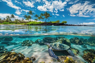 Sea Turtle Swimming in Tropical Island Reef: Split Underwater View of Beautiful Green Turtle Amidst Blue Water and Scenic Landscape