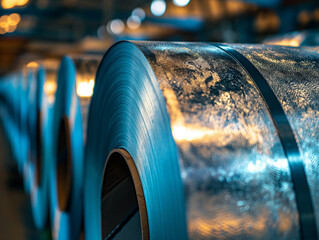 A long roll of metal is shown in a factory setting - obrazy, fototapety, plakaty