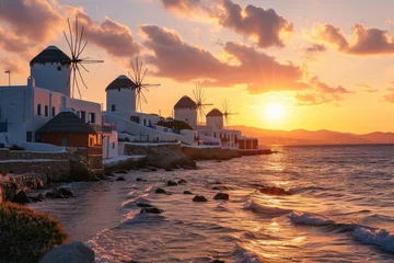 Selbstklebende Fototapeten  The iconic windmills of  Greece at sunset, AI generated © Tanu