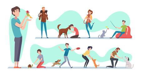 Domestic pets. Animals owners playing and hugging exact vector illustrations set - obrazy, fototapety, plakaty