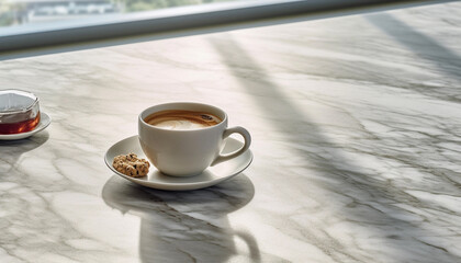 A cup of coffee with cookie on the white marble table in the morning with sunlight