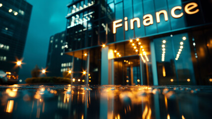Atmospheric view of a modern building with the word "Finance" in bright neon lights, reflected on a wet surface with city lights at dusk