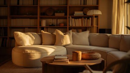 A warm and inviting living room bathed in golden light, with a curved white sofa, round coffee table, and a bookshelf filled with books in the background