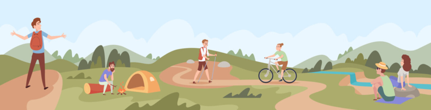 Relax time. Outdoor happy people spend good time in grass or lying in hammocks exact vector cartoon background