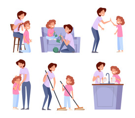 Mother and daughter. Happy kids with parent mother hugging daughter making homework together love and unity in family exact vector illustration people