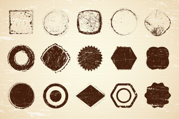 Grunge stamps. Scratched textured geometrical badges ink backgrounds recent vector message boxes with place for text