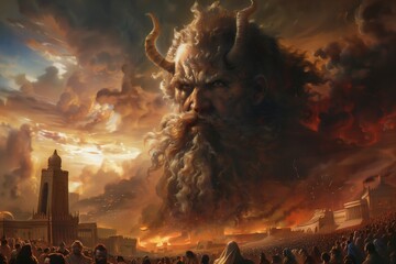 Enraged angry God with horns appeared to the population from heaven from sky clouds with a menacing look, punish to judge humanity, to be responsible for their actions